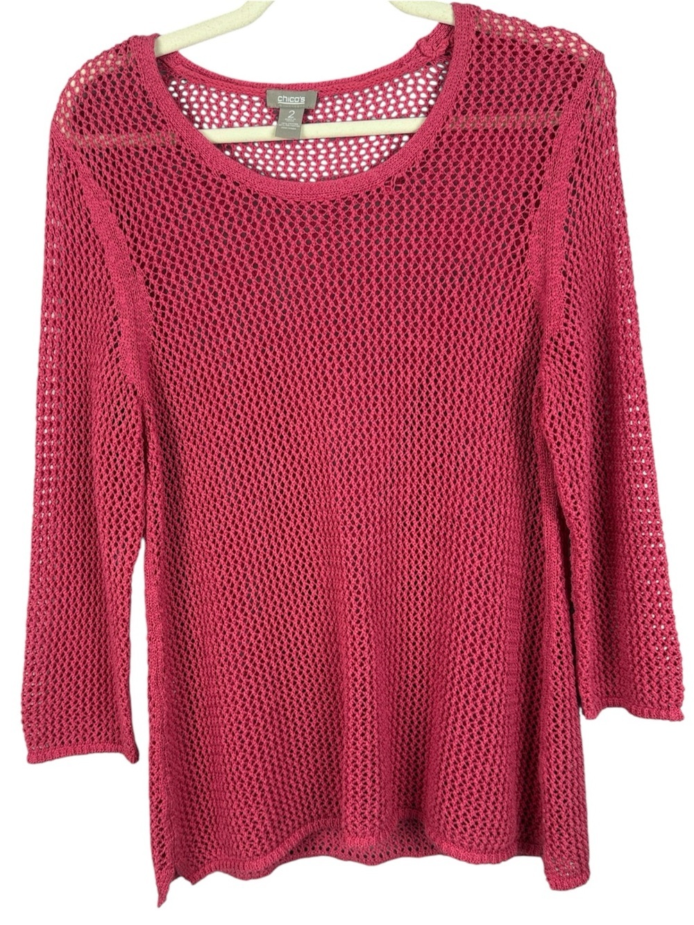 Chico’s Cotton Blend Open-Knit Fishnet Pink Beach Crochet Style Large Sweater